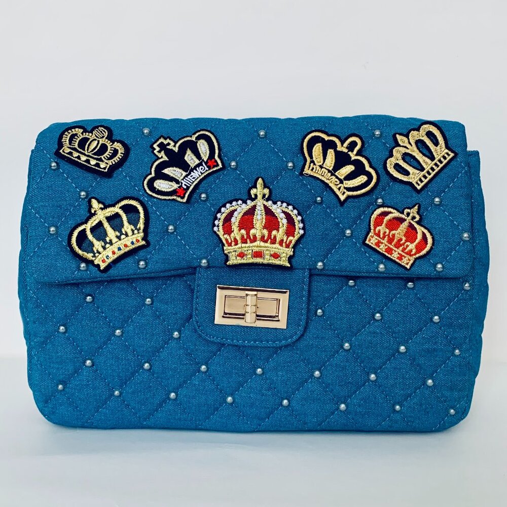 Garell Blue Quilted Denim Backpack HandEmbellished with Crown Design Fashion Bag